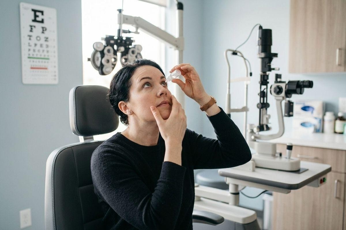 Adult seated in an eye exam chair applying eye drops, looking upward, with a Snellen chart and slit lamp visible nearby.