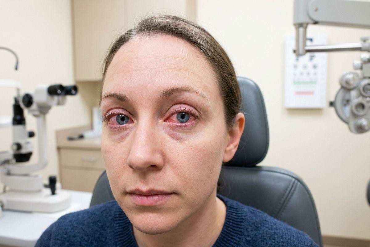 Adult seated in an eye exam chair with visibly red irritated eyes facing the cam