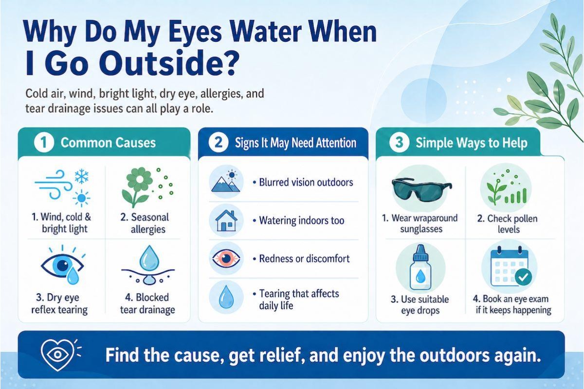 Infographic showing common causes and treatments for watery eyes