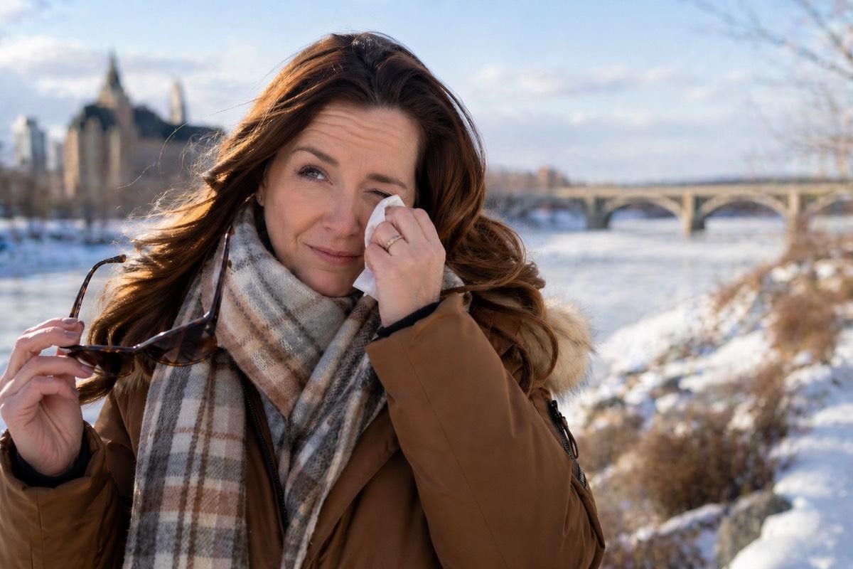 Woman walking in rotary park in saskatoon wiping away watery eyes.