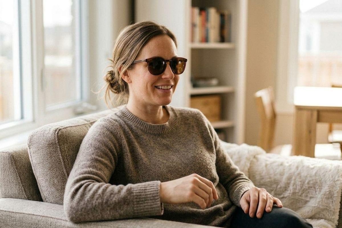A smiling adult wearing dark sunglasses and a tan sweater sits on a sofa in a bright room.