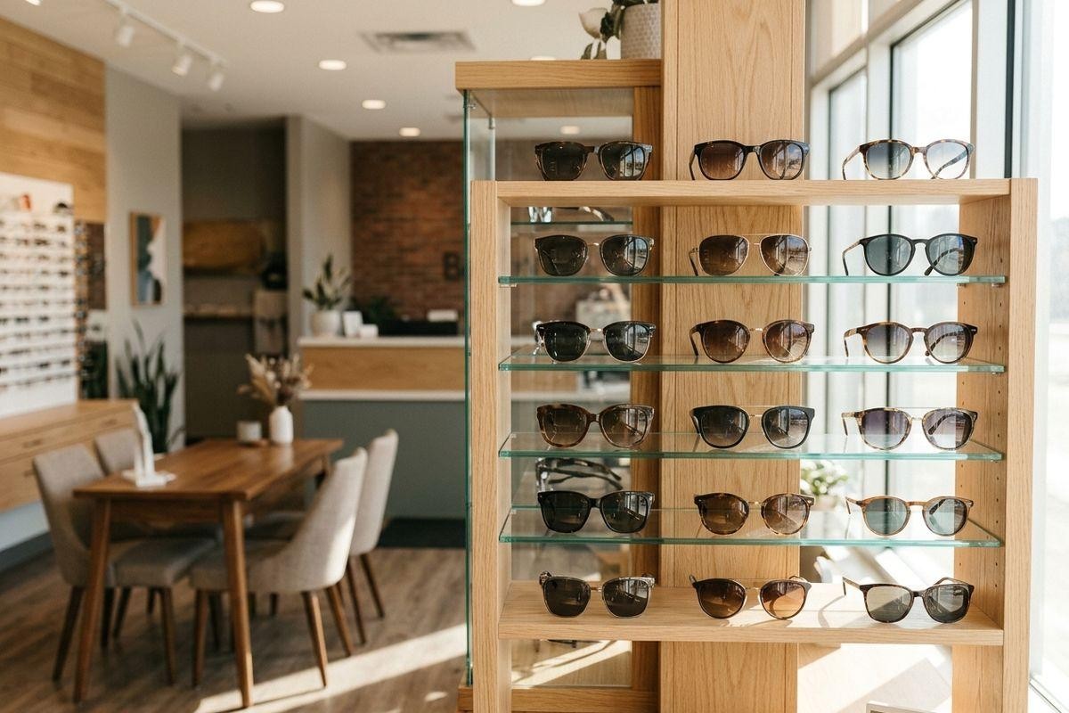 Wooden display shelves holding rows of sunglasses in an eyewear clinic with a bl